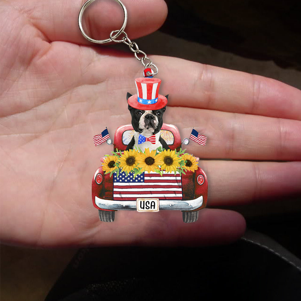 BLACK Boston Terrier-USA Truck Flat Acrylic Keychain