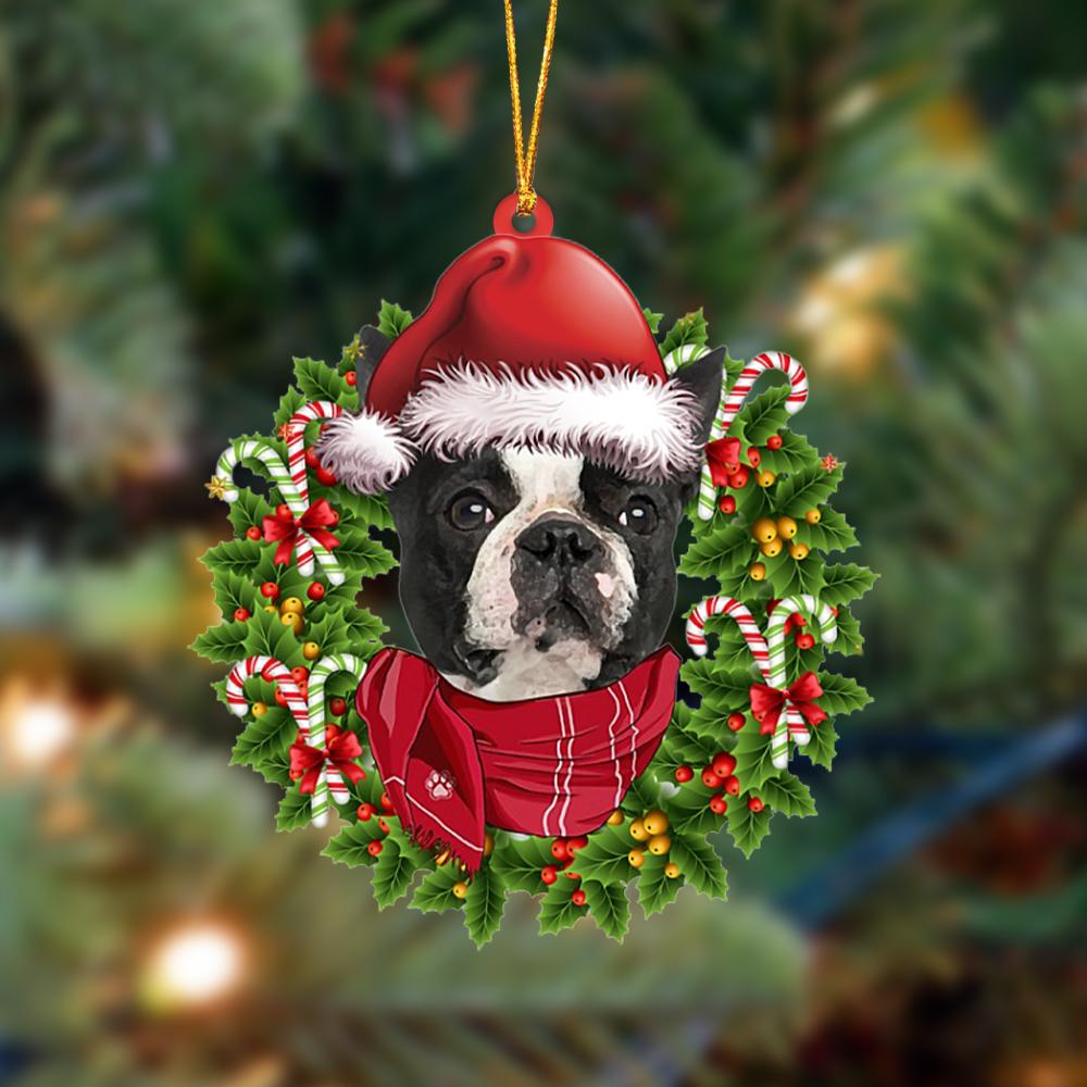 BLACK Boston Terrier-Xmas Bandana Hanging Ornament