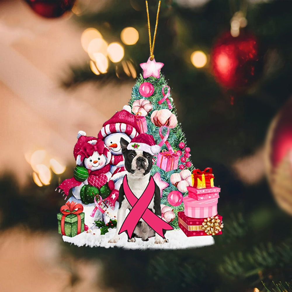 BLACK Boston Terrier-Christmas in Pink-Two Sided Ornament