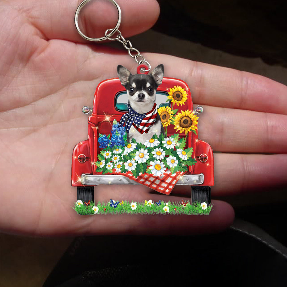 BLACK Chihuahua-Red Truck Flat Acrylic Keychain