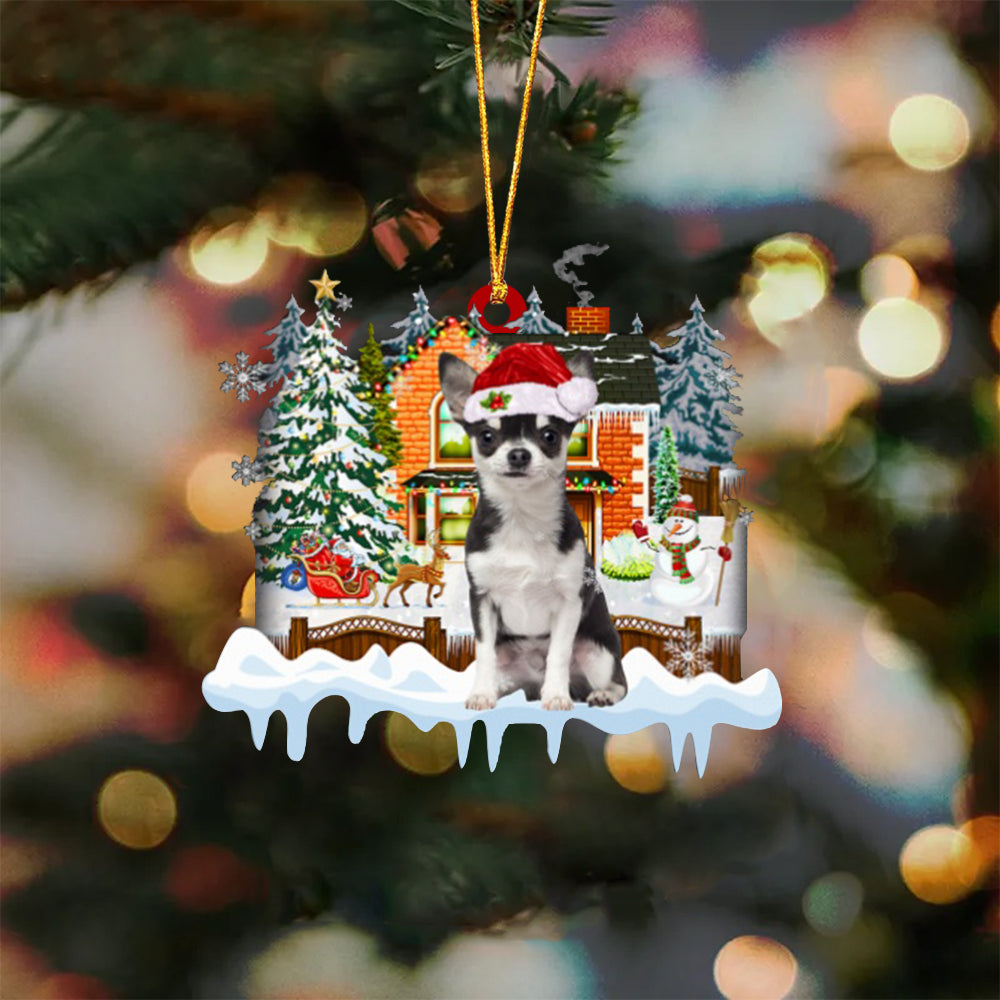 BLACK Chihuahua-Xmas House-Two Sided Ornament