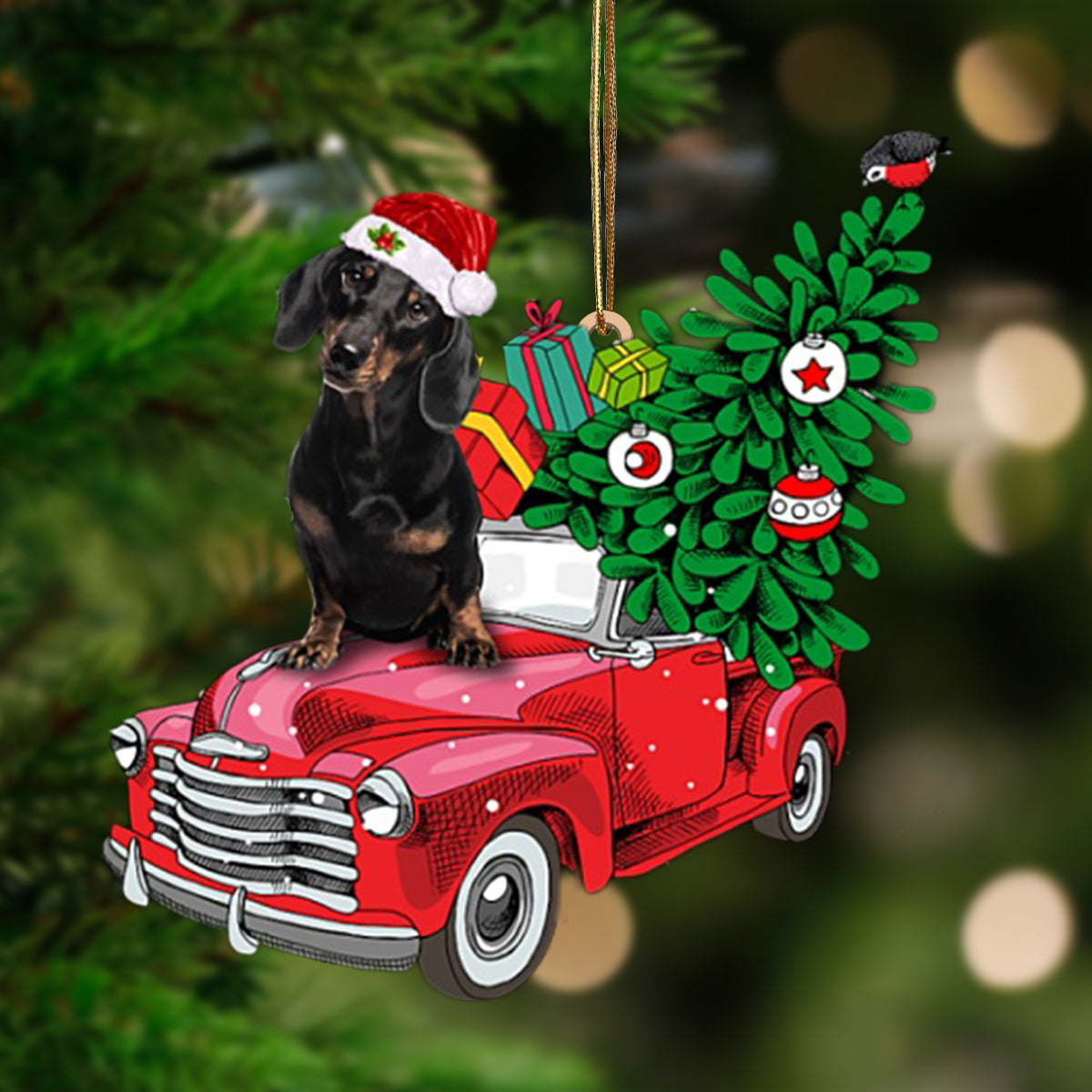 BLACK Dachshund-Pine Truck Hanging Ornament