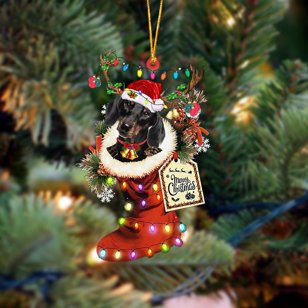 BLACK Dachshund-Xmas Boot-Two Sided Ornament