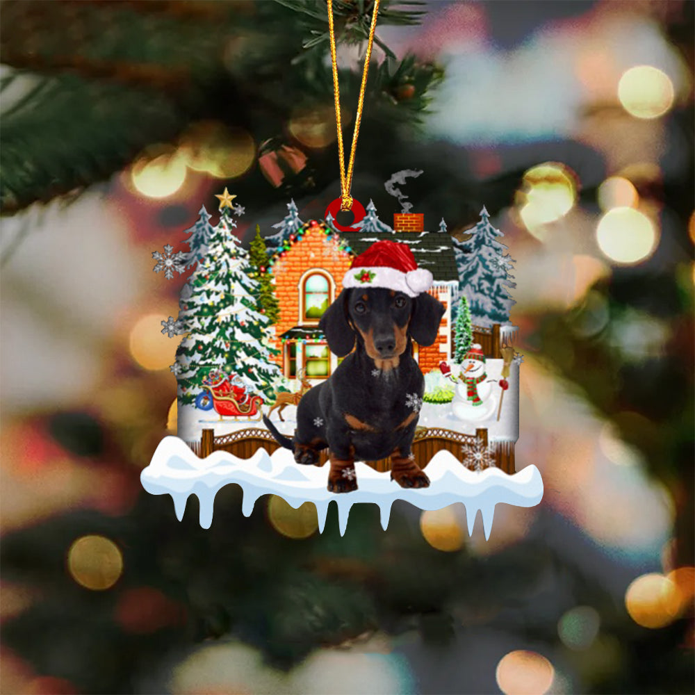 BLACK Dacshhund 1-Xmas House-Two Sided Ornament