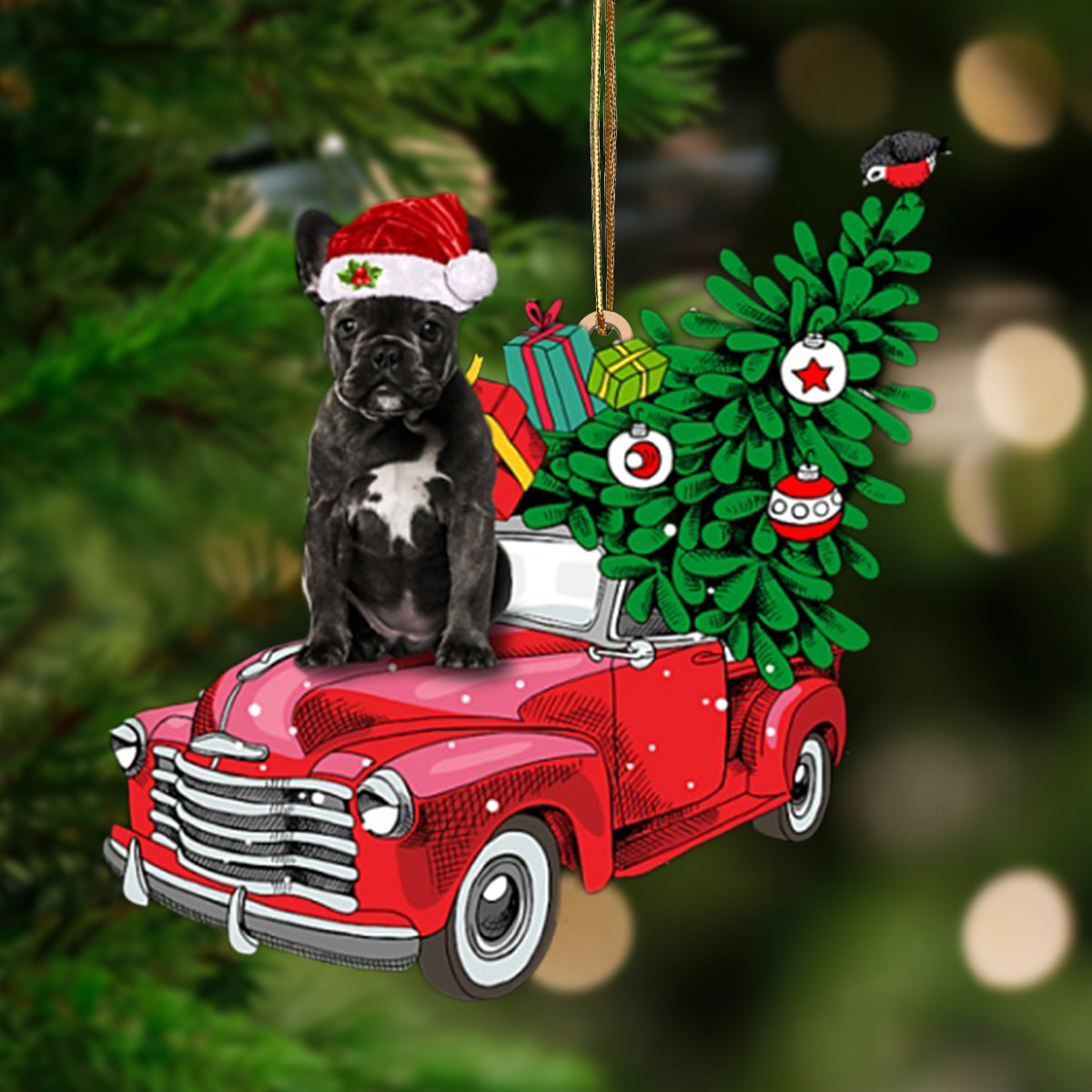 BLACK French Bulldog-Pine Truck Hanging Ornament