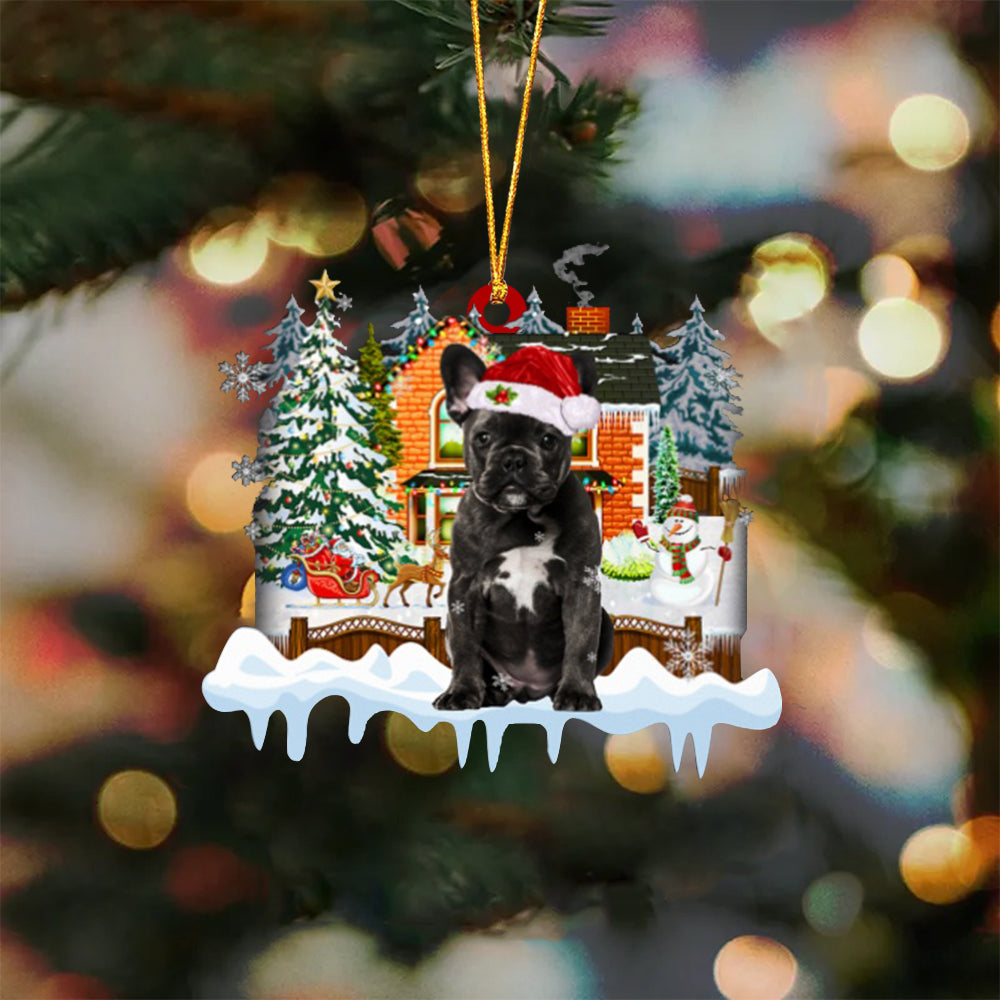 BLACK French Bulldog-Xmas House-Two Sided Ornament