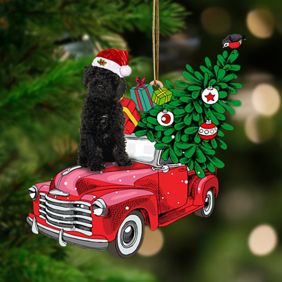 BLACK Labradoodle-Pine Truck Hanging Ornament