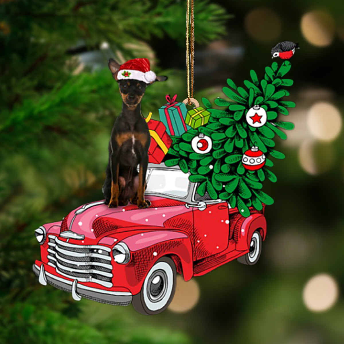 BLACK Miniature Pinscher-Pine Truck Hanging Ornament