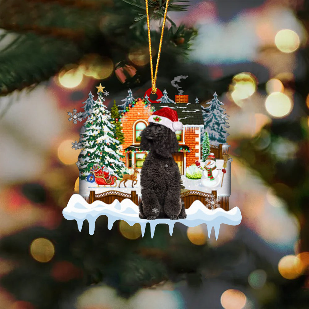 BLACK Miniature Poodle-Xmas House-Two Sided Ornament