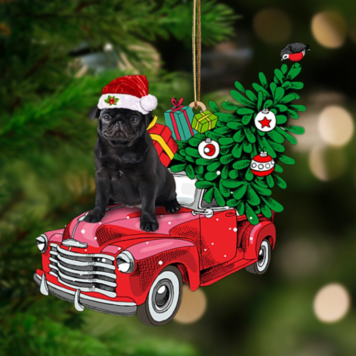 BLACK Pug 1-Pine Truck Hanging Ornament