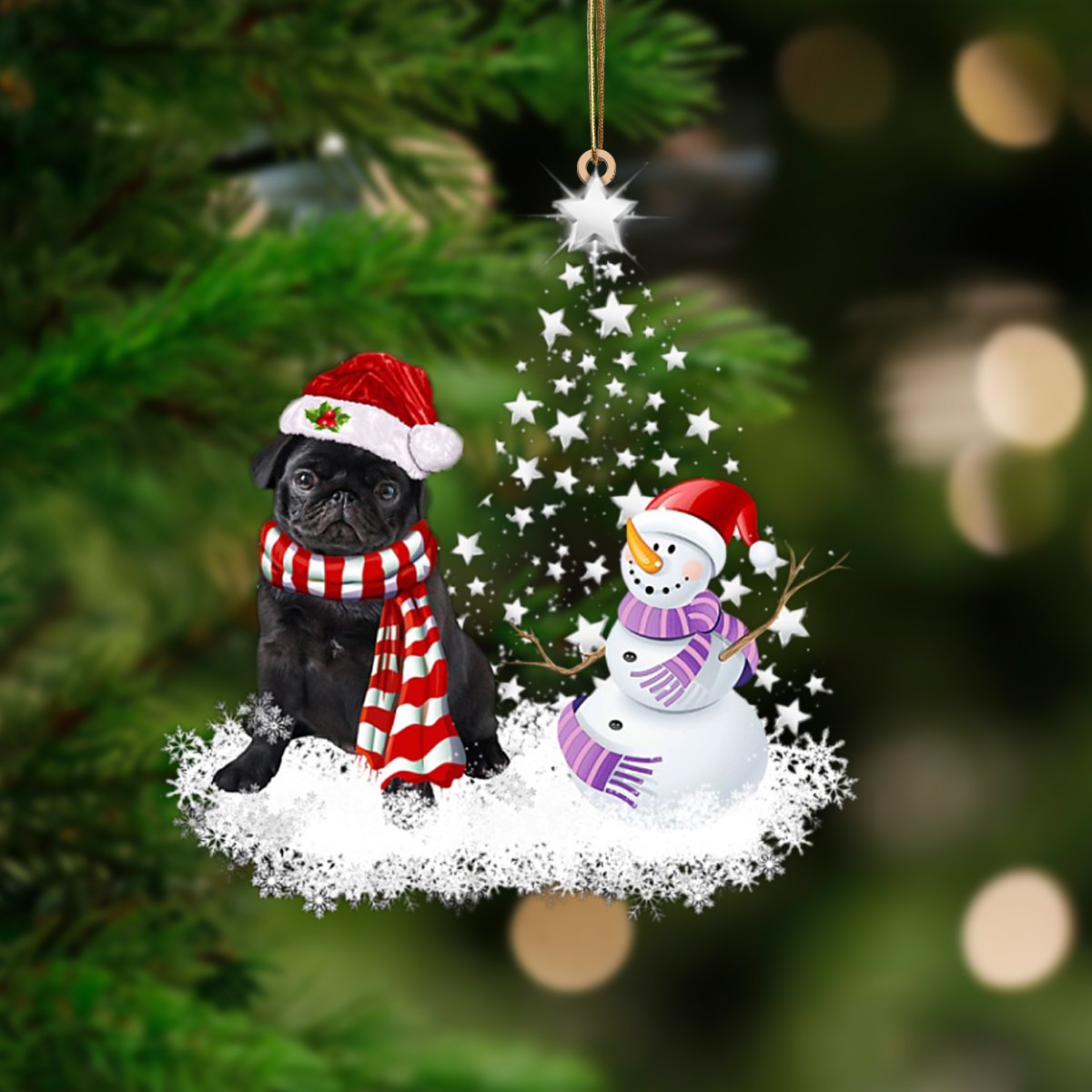 BLACK Pug 1-Star Tree Hanging Ornament
