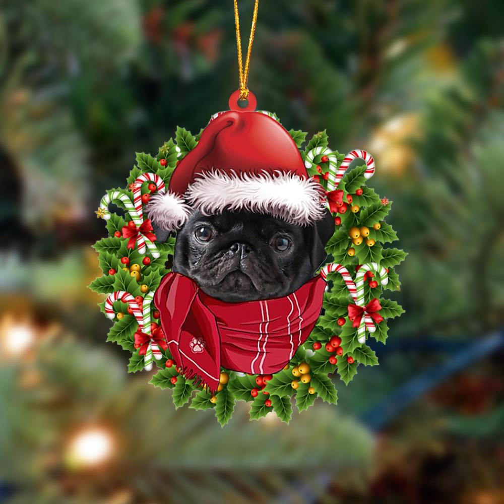 BLACK Pug 1-Xmas Bandana Hanging Ornament