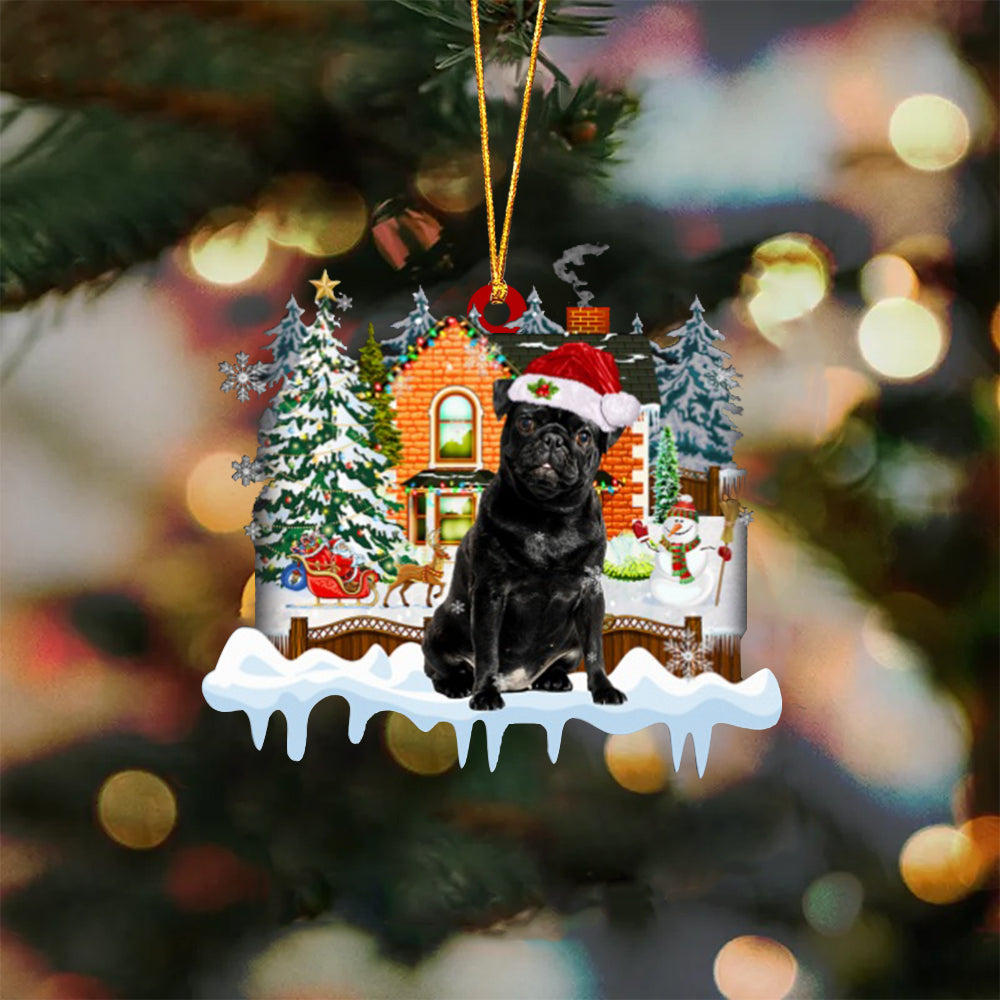 BLACK Pug-Xmas House-Two Sided Ornament