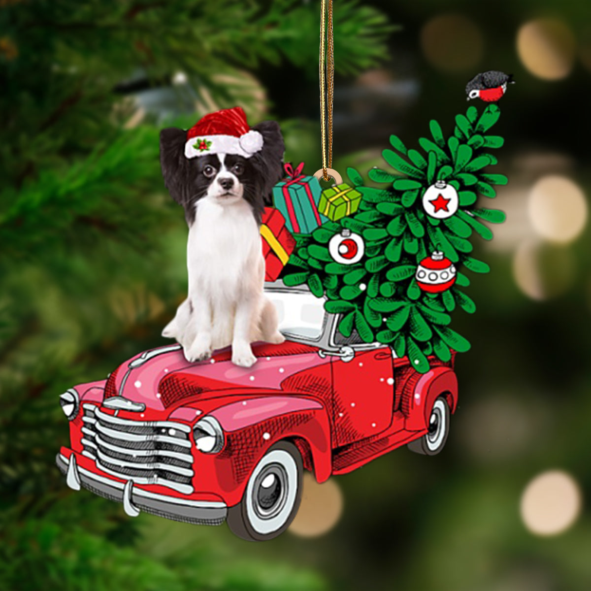 BLACK WHITE Papillon Phone Ca-Pine Truck Hanging Ornament