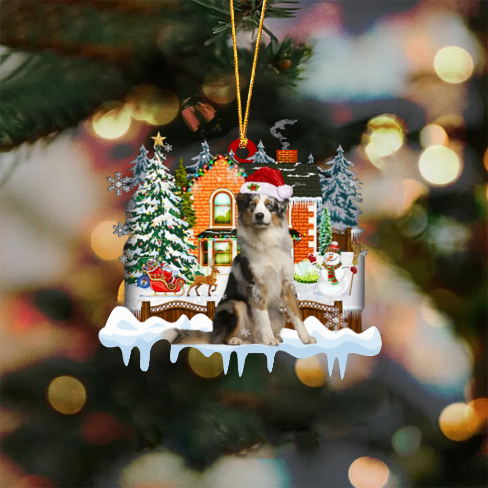 BLUE MERLE Australian Shepherd-Xmas House-Two Sided Ornament