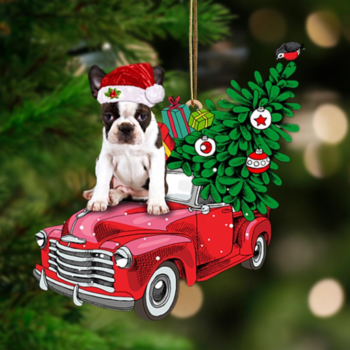 BRINDLE Boston Terrier-Pine Truck Hanging Ornament