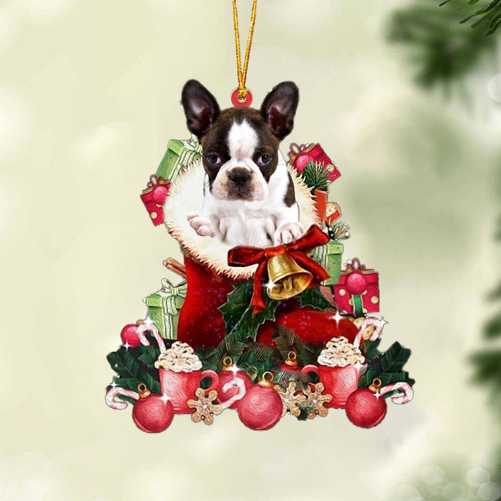 BRINDLE Boston Terrier-Red Boot Hanging Ornament