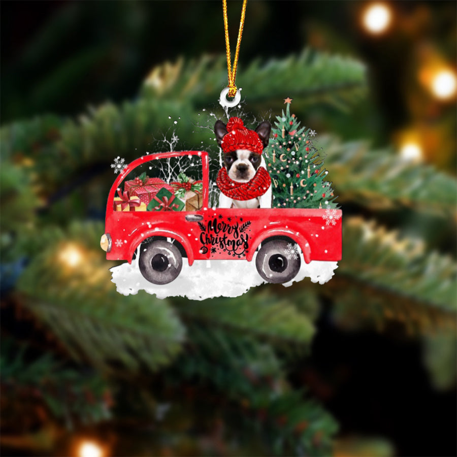 BRINDLE Boston Terrier-Xmas Truck-Two Sided Ornament