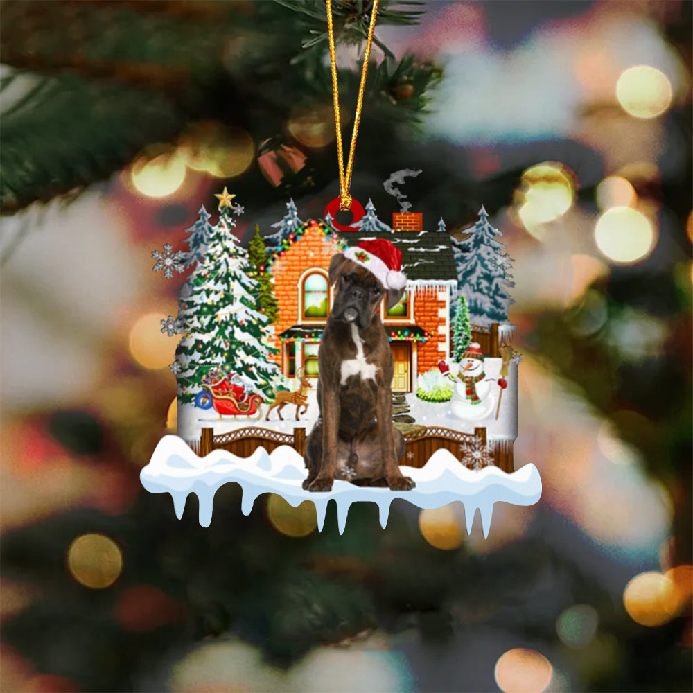 BRINDLE Boxer-Xmas House-Two Sided Ornament