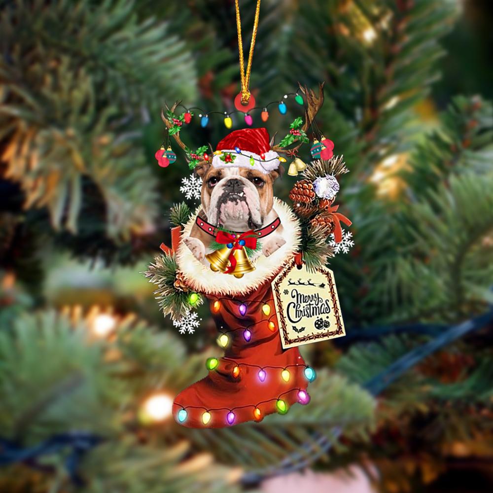 BROWN English Bulldog-Xmas Boot-Two Sided Ornament