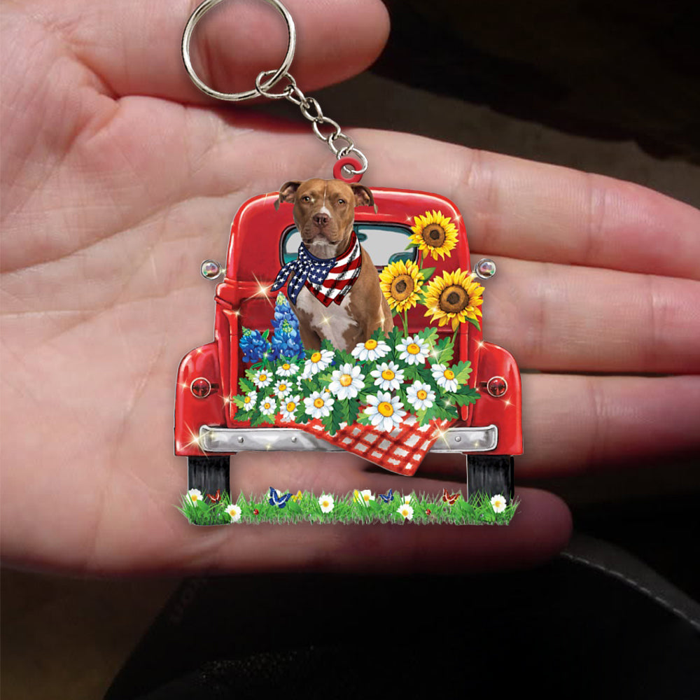 BROWN Pitbull Terrier-Red Truck Flat Acrylic Keychain