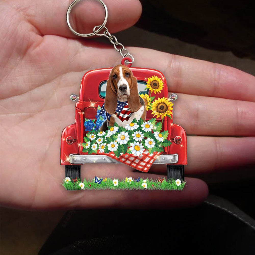Basset Hound-Red Truck Flat Acrylic Keychain