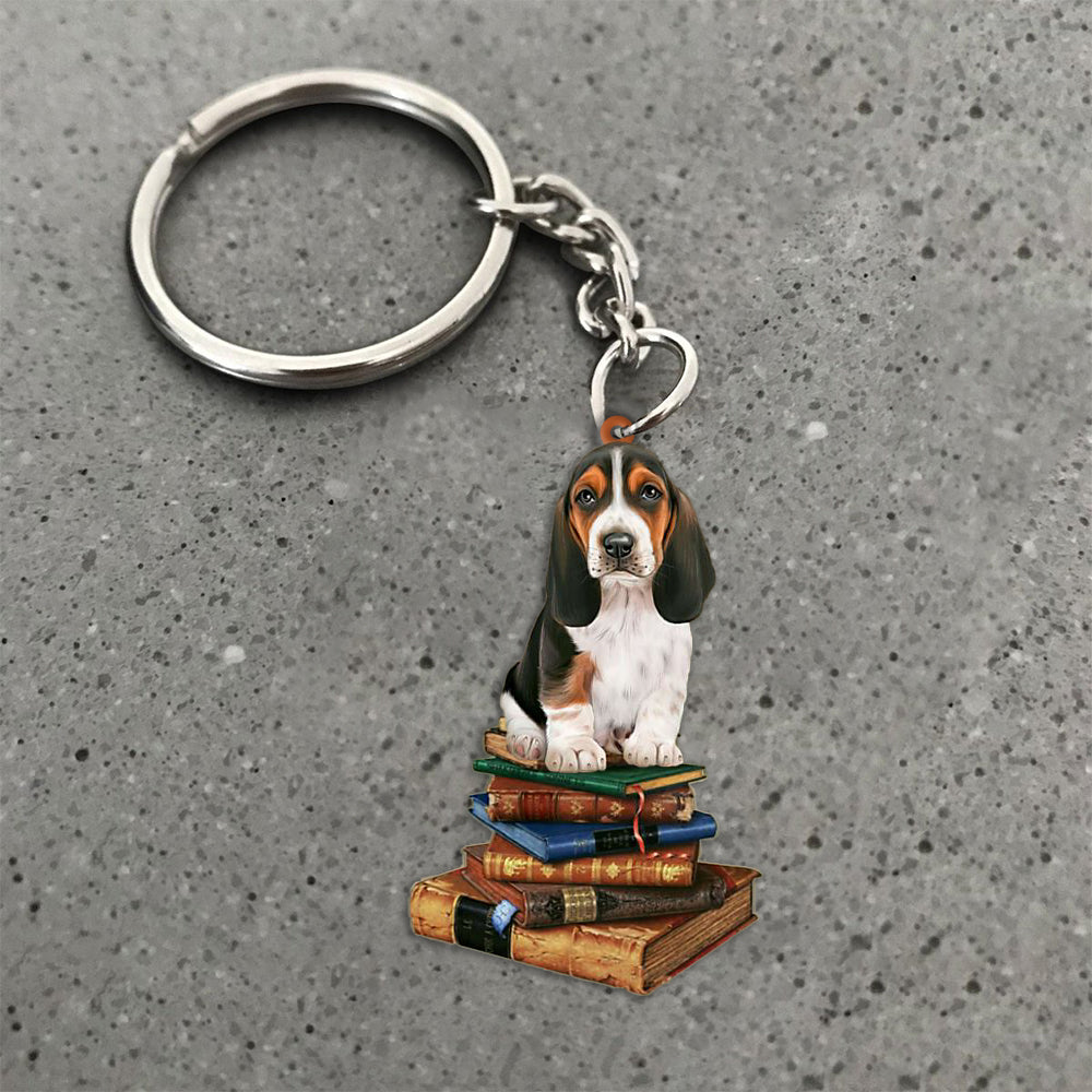 Basset Hound-Sit On The Book-Flat Acrylic Keychain
