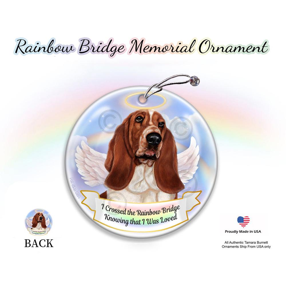 Rainbow Bridge Memorial-Basset Hound Red &amp; White Porcelain Hanging Ornament