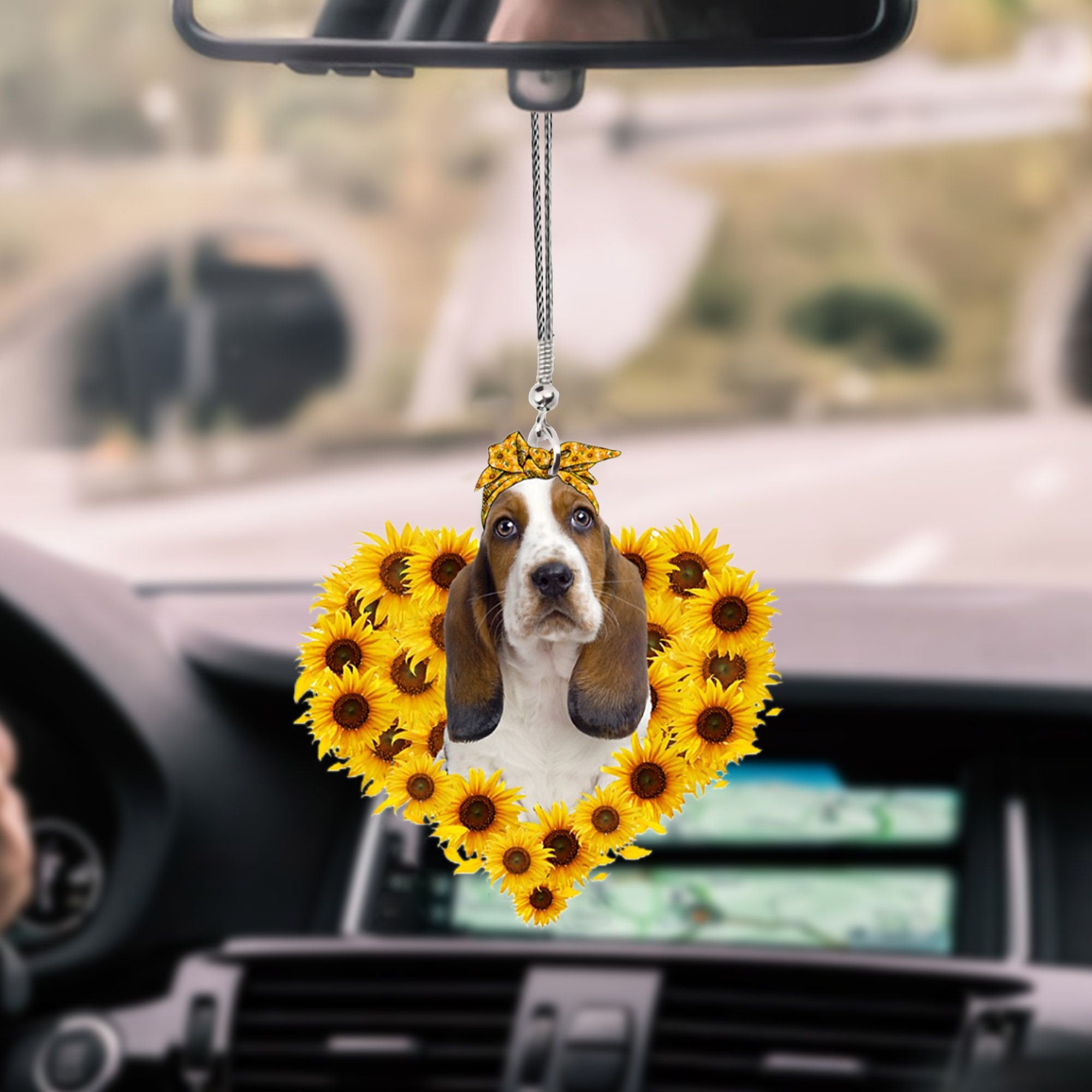 Basset Hound-Sunflower Heart gift Car Ornament