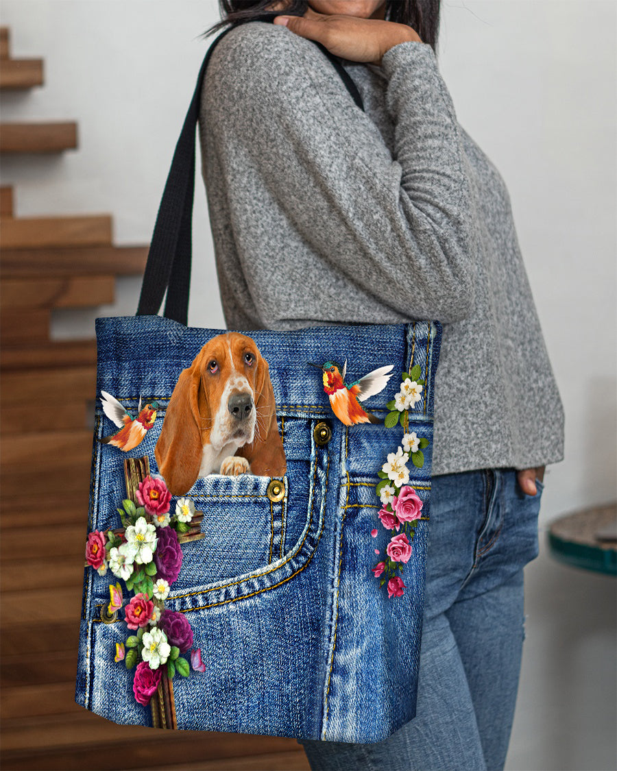 Basset Hound-Cardinal &amp; Cross Flower Cloth Tote Bag