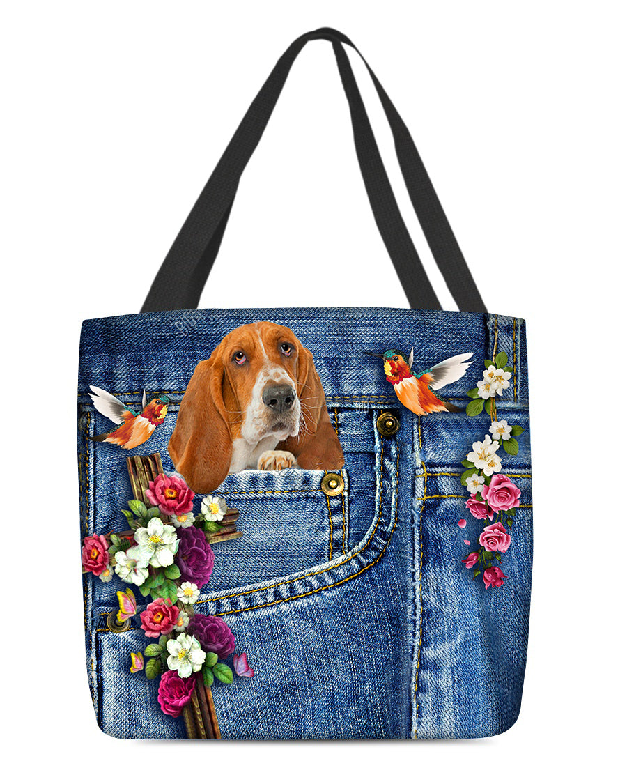 Basset Hound-Cardinal &amp; Cross Flower Cloth Tote Bag