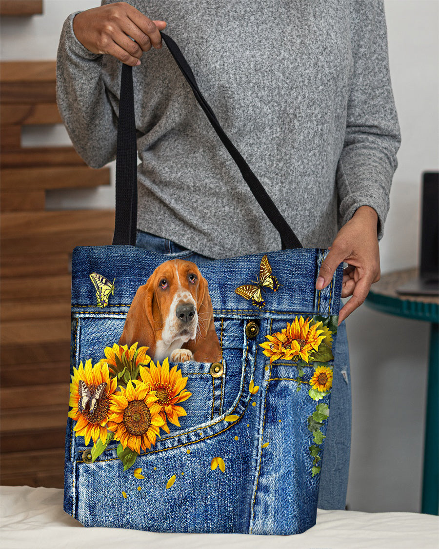 Basset hound-Sunflowers &amp; Butterflies Cloth Tote Bag