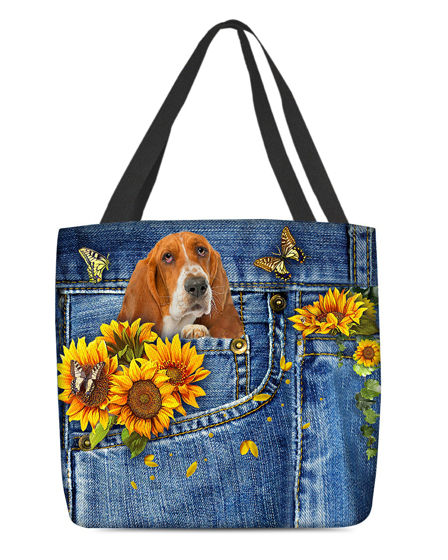 Basset hound-Sunflowers &amp; Butterflies Cloth Tote Bag
