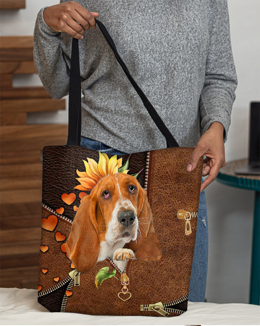 Basset hound-Sunflower&amp;zipper Cloth Tote Bag