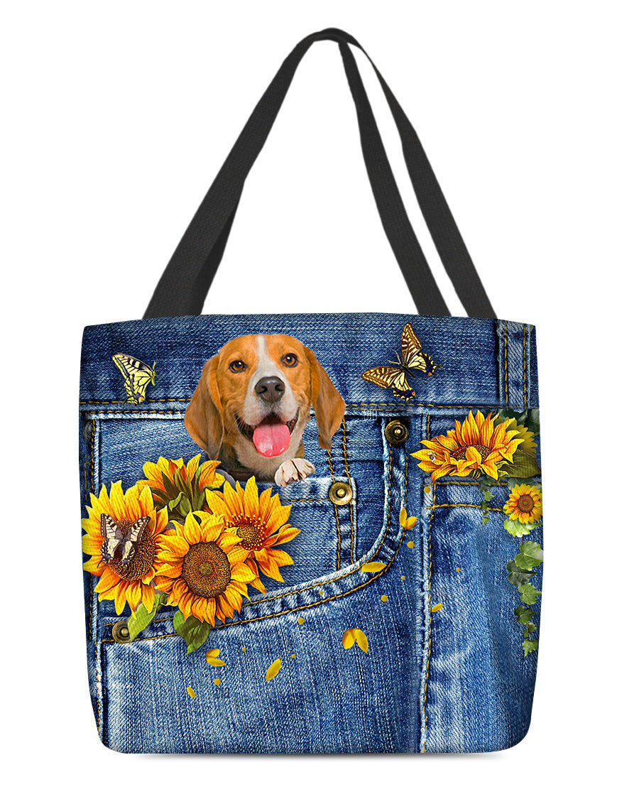 Beagle-Sunflowers &amp; Butterflies Cloth Tote Bag