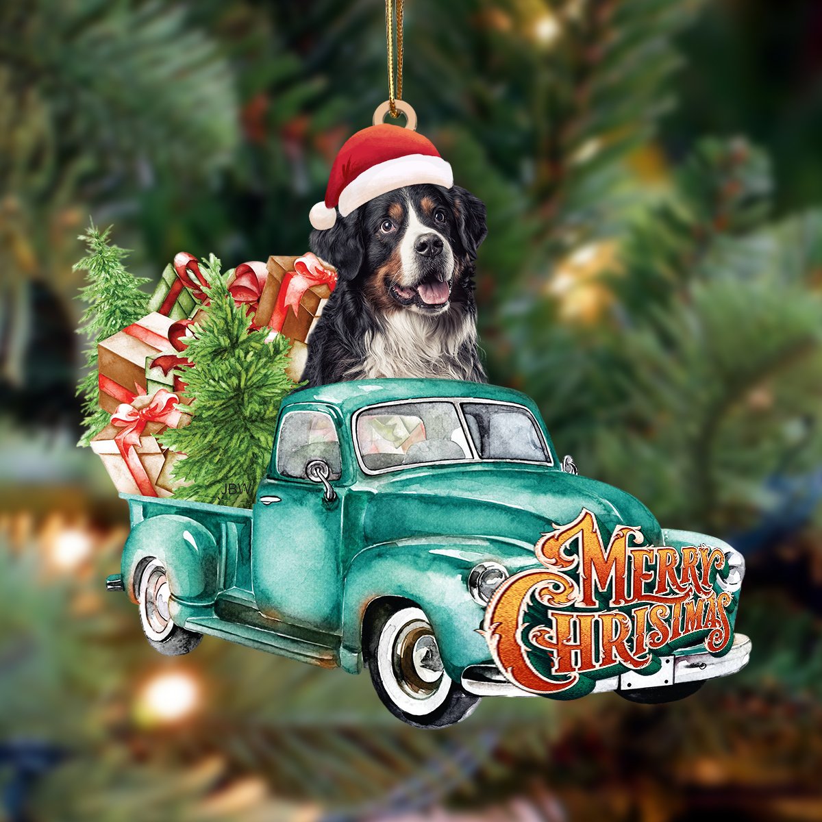 Bernese Mountain-Green Truck Hanging Ornament