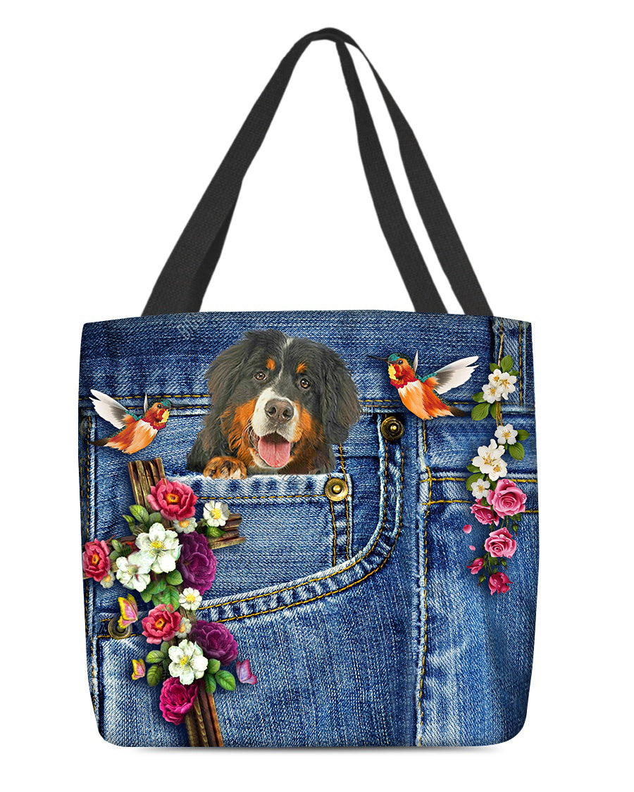 Bernese Mountain-Cardinal &amp; Cross Flower Cloth Tote Bag