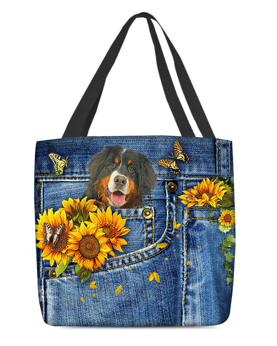 Bernese mountain-Sunflowers &amp; Butterflies Cloth Tote Bag