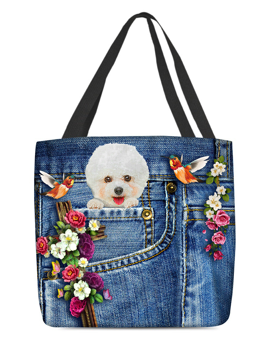 Bichon Frise-Cardinal &amp; Cross Flower Cloth Tote Bag