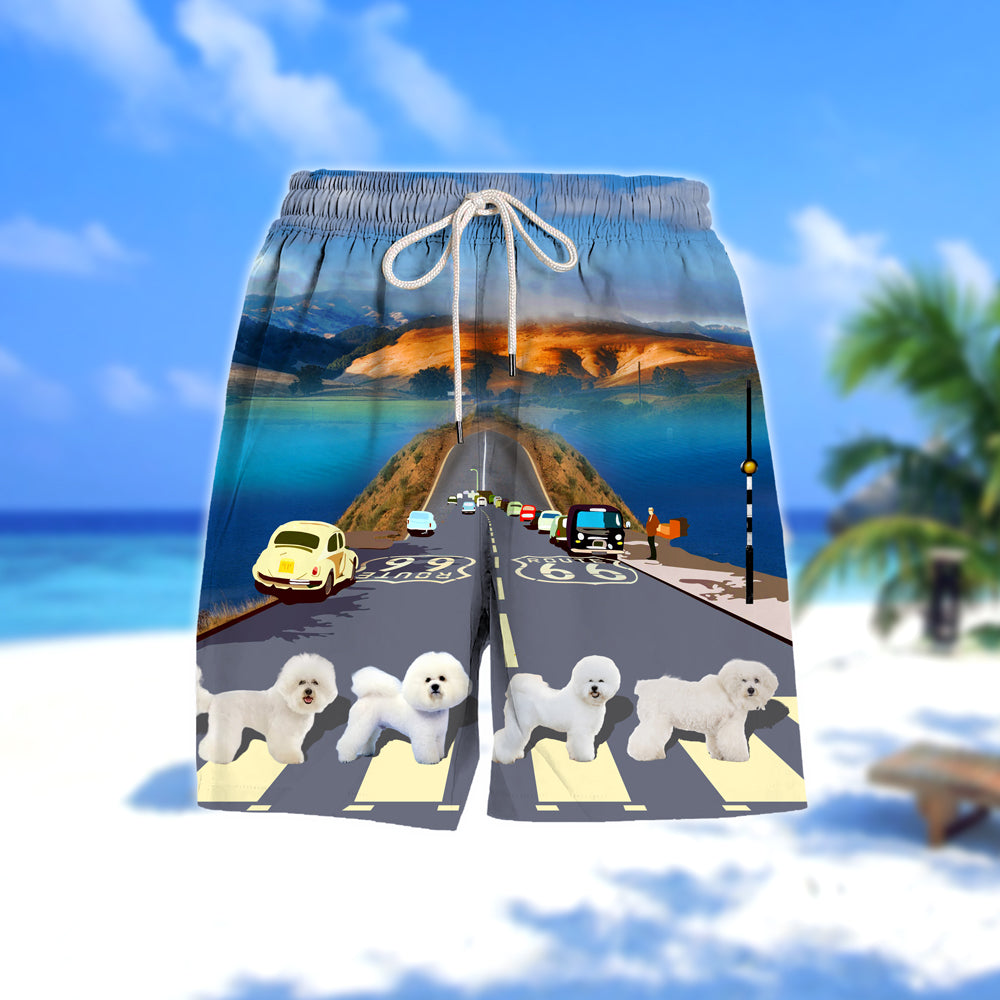 Bichon Frise Cross the road- Men Hawaii Beach Shorts
