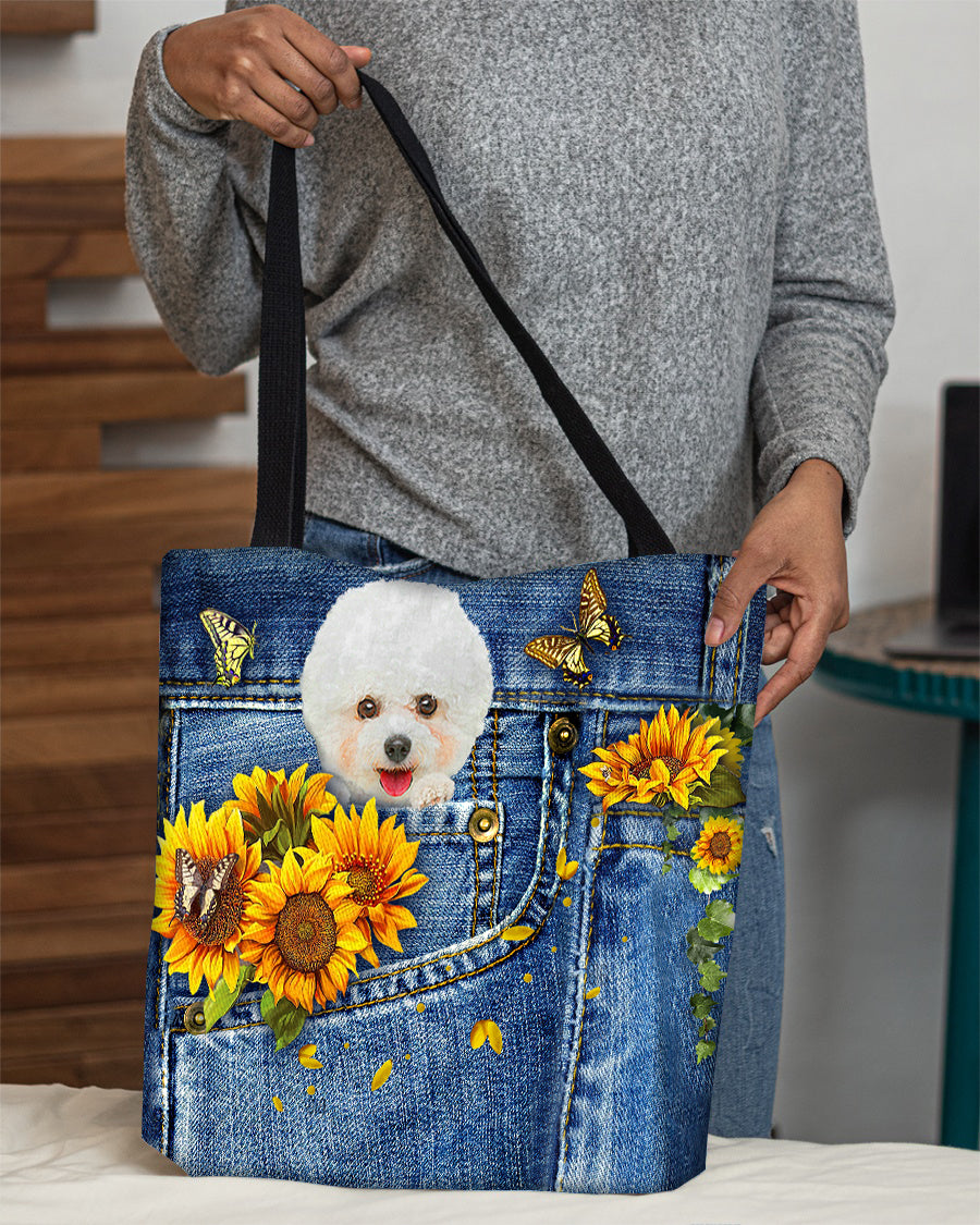 Bichon Frise-Sunflowers &amp; Butterflies Cloth Tote Bag