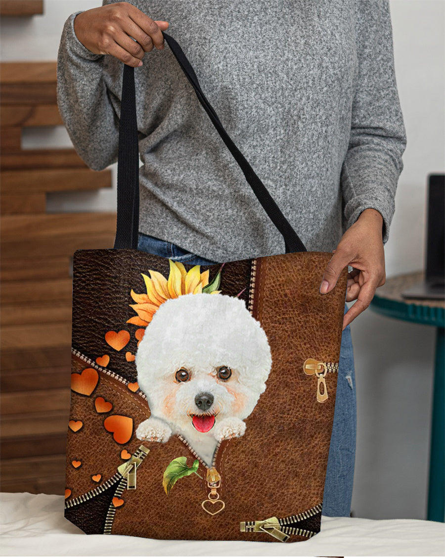 Bichon frise-Sunflower&amp;zipper Cloth Tote Bag