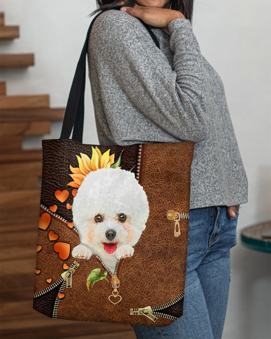 Bichon frise-Sunflower&amp;zipper Cloth Tote Bag