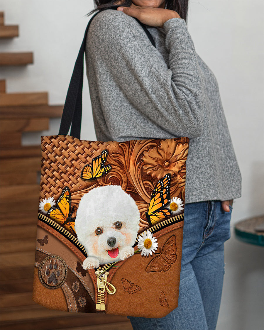 Bichon frise Butterfly Daisy Cloth Tote Bag