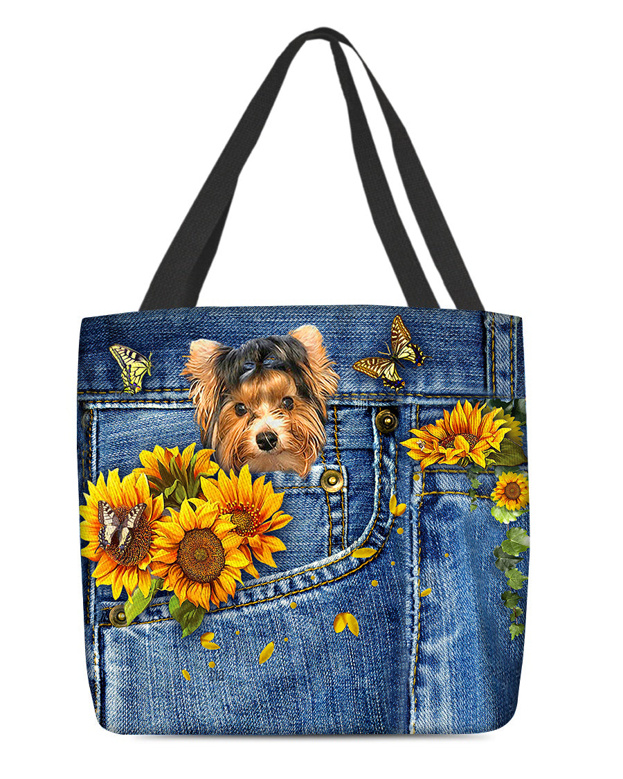 Biewer Terrier-Sunflowers &amp; Butterflies Cloth Tote Bag
