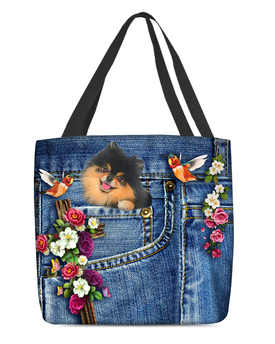Black And Tan Pomeranian-Cardinal &amp; Cross Flower Cloth Tote Bag