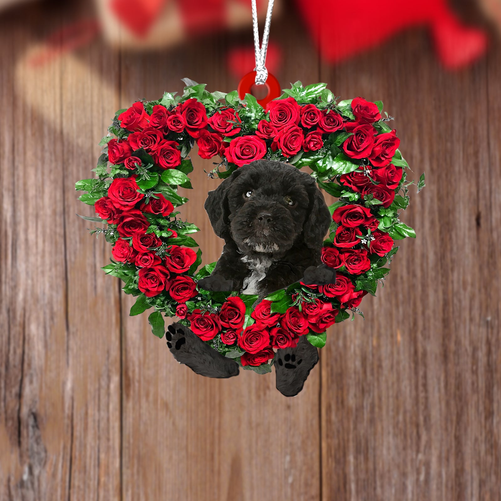 Black Cockapoo-Heart Wreath Two Sides Ornament