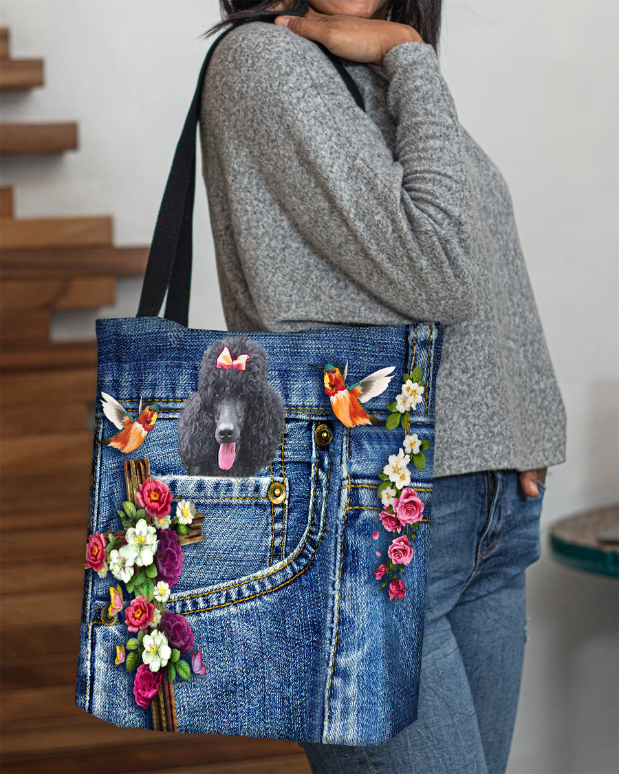 Black Poodle-Cardinal &amp; Cross Flower Cloth Tote Bag