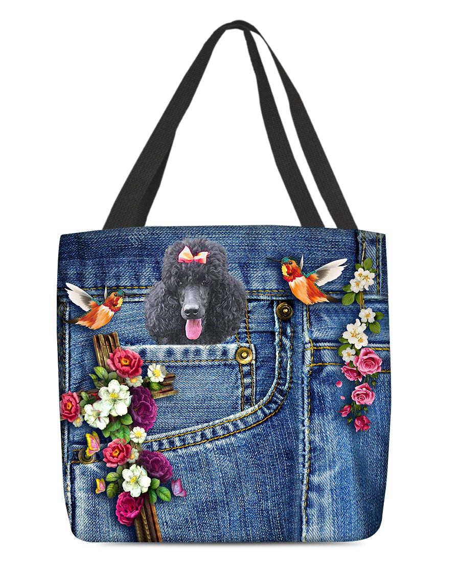 Black Poodle-Cardinal &amp; Cross Flower Cloth Tote Bag