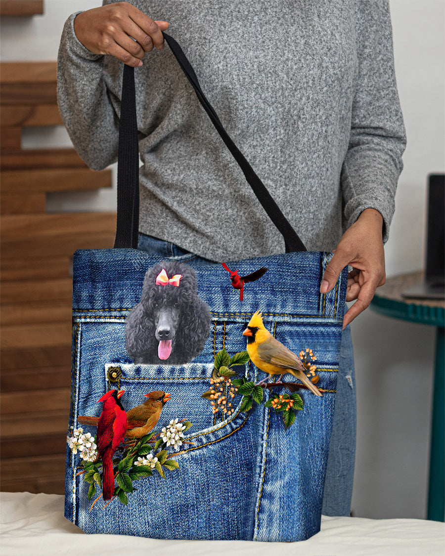 Black Poodle-Cardinal & Dog Cloth Tote Bag